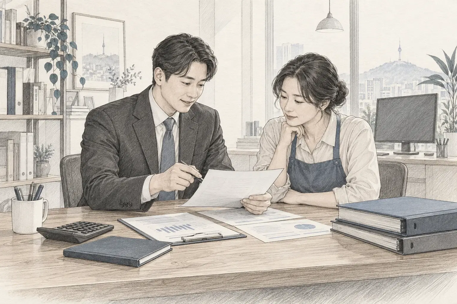 세무 전문가와 사업자가 서류를 검토하며 상담하는 라인아트