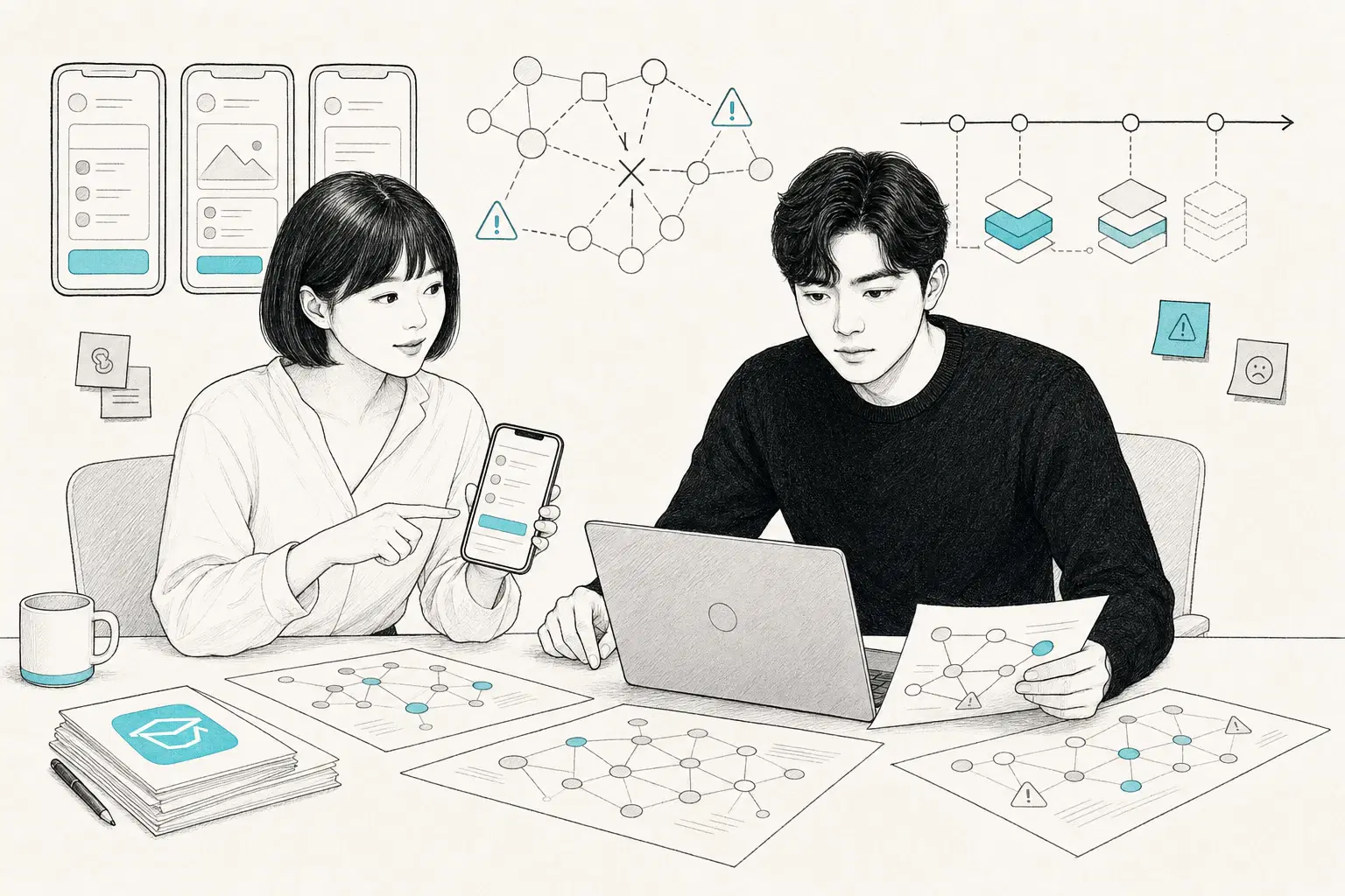 가방끈 대표와 개발자가 누적된 기술 부채를 진단하는 장면