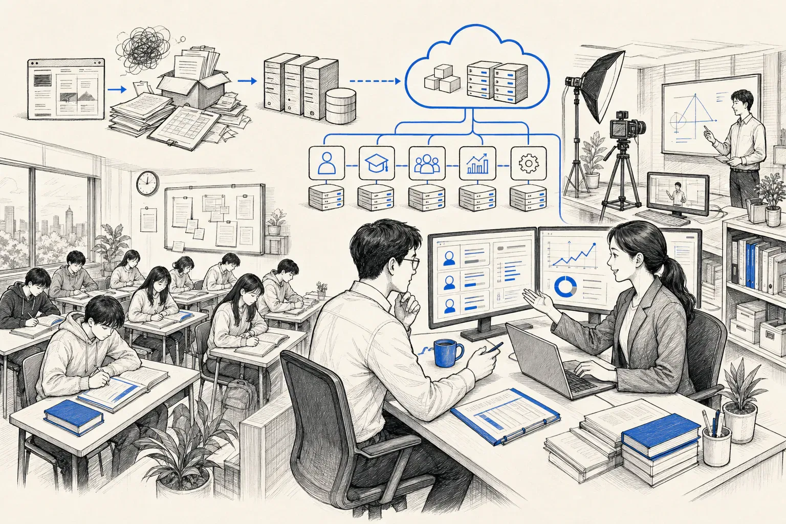 학원 운영과 교육 시스템의 디지털 전환을 그린 라인아트