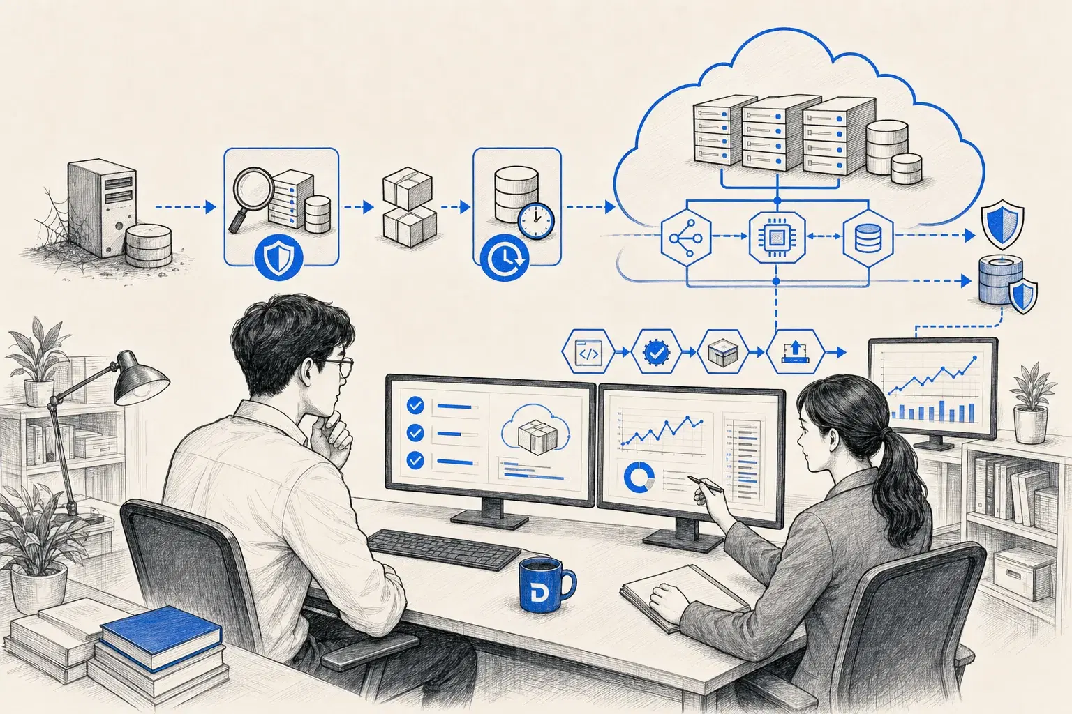 기존 학원 시스템을 검증하며 AWS 인프라로 단계적으로 이전하는 장면